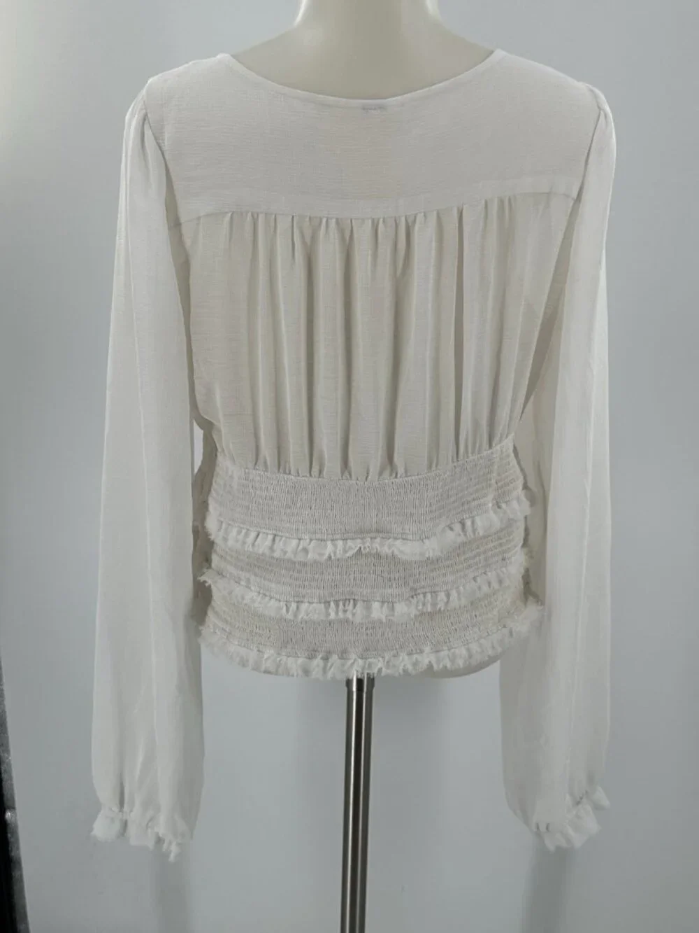 Free People Top Peasant White Cropped Long Sleeve Tiered Smocked Sheer Boho Lg